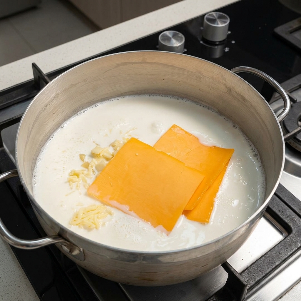 Slices of orange Cheddar and shredded pale yellow cheese resting in a simmering milk base in a metal pan.
