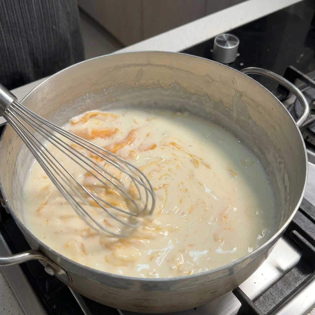 A wire whisk continuously stirring a thick, creamy cheese sauce in a pan on a stovetop.