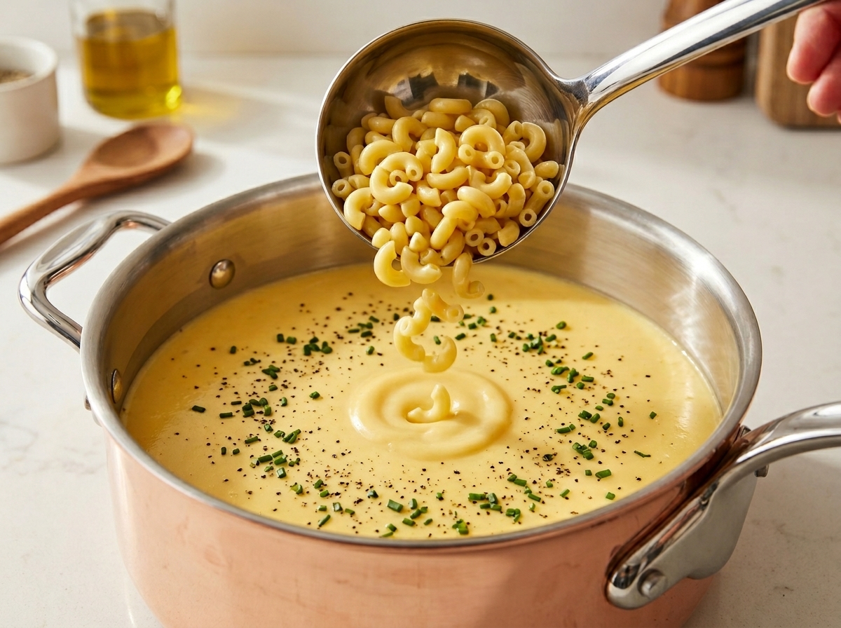 A stainless steel ladle dropping cooked macaroni into a copper pot filled with creamy yellow cheese sauce sprinkled with herbs.