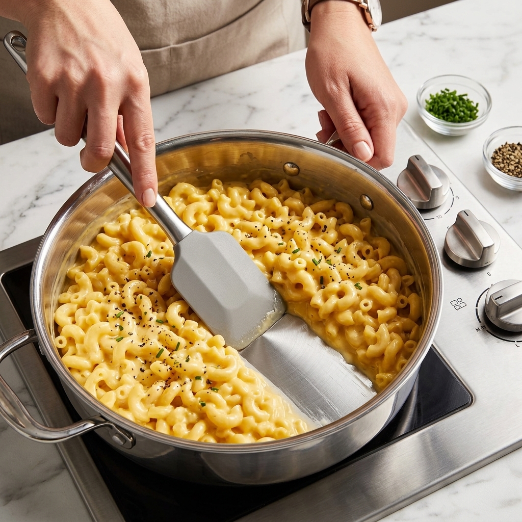 A grey silicone spatula stirring thick, creamy macaroni and cheese in a stainless steel pan on a stovetop.