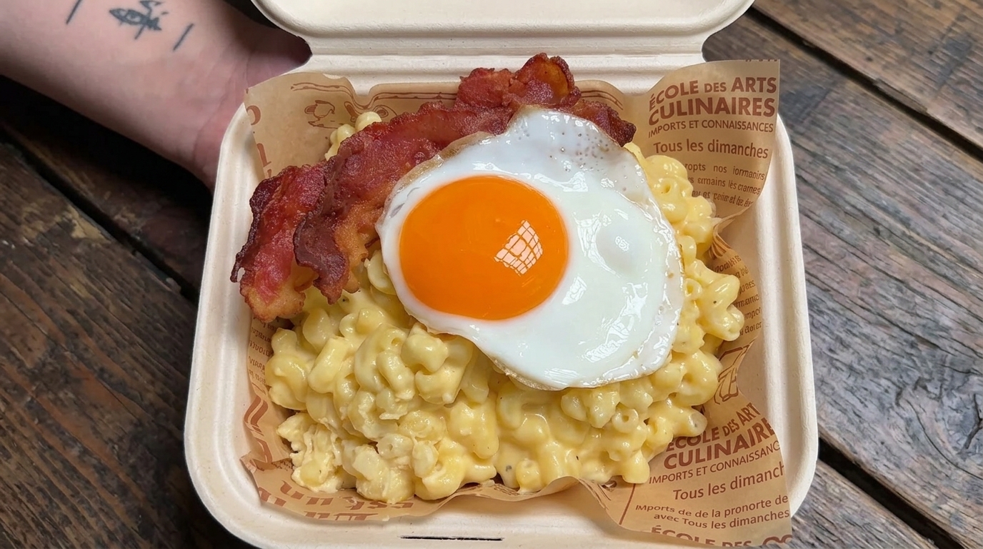Creamy Stovetop Mac & Cheese with Bacon and Egg