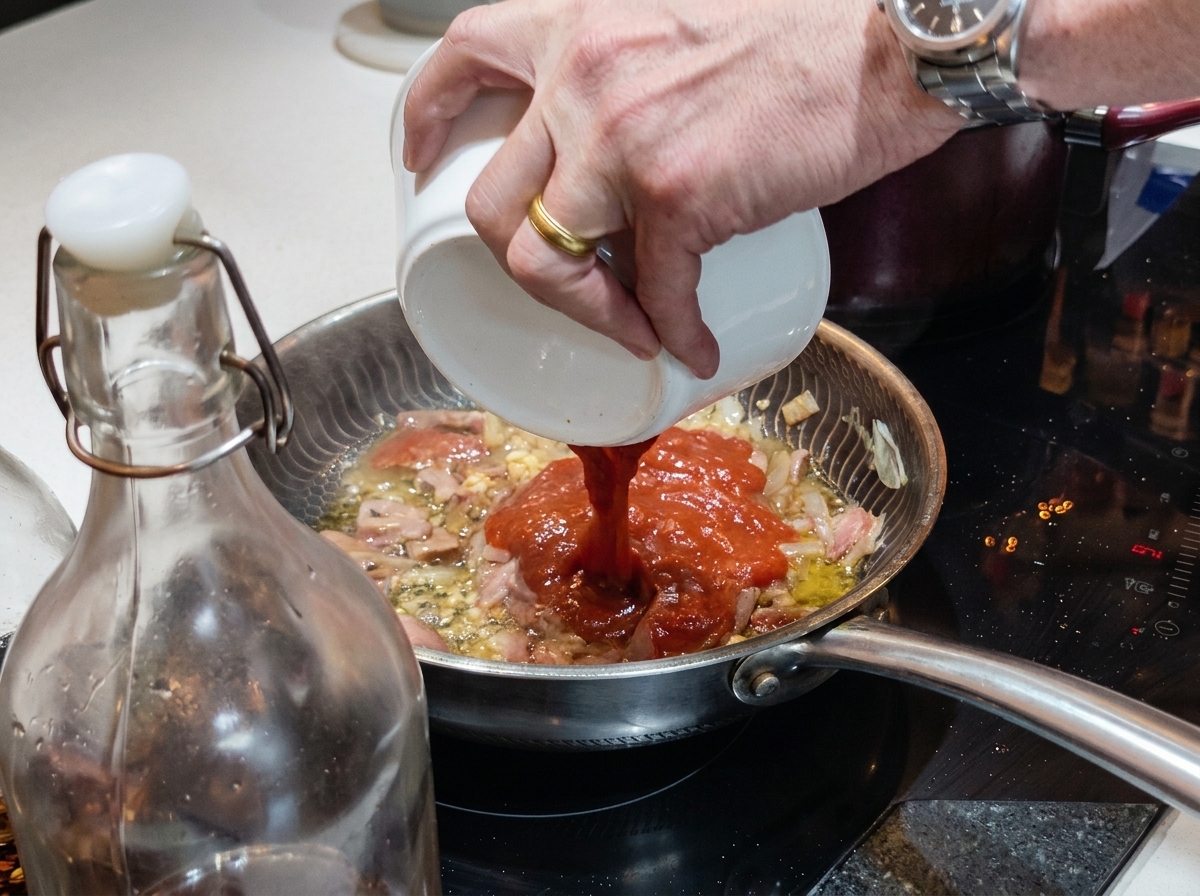 Vibrant red tomato sauce being poured from a white ceramic bowl into a pan containing fried bacon and onions.