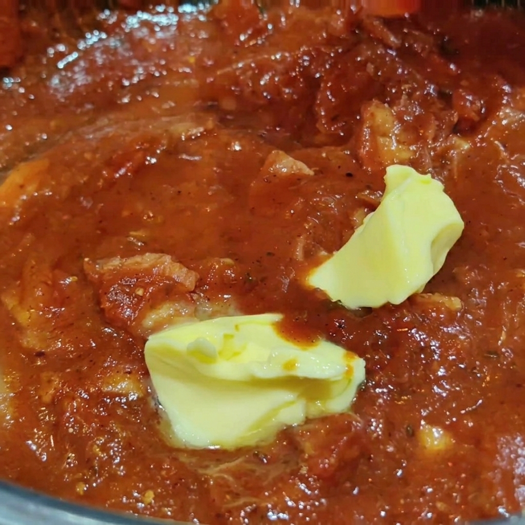 Melting pats of yellow butter into a simmering red tomato and bacon sauce.