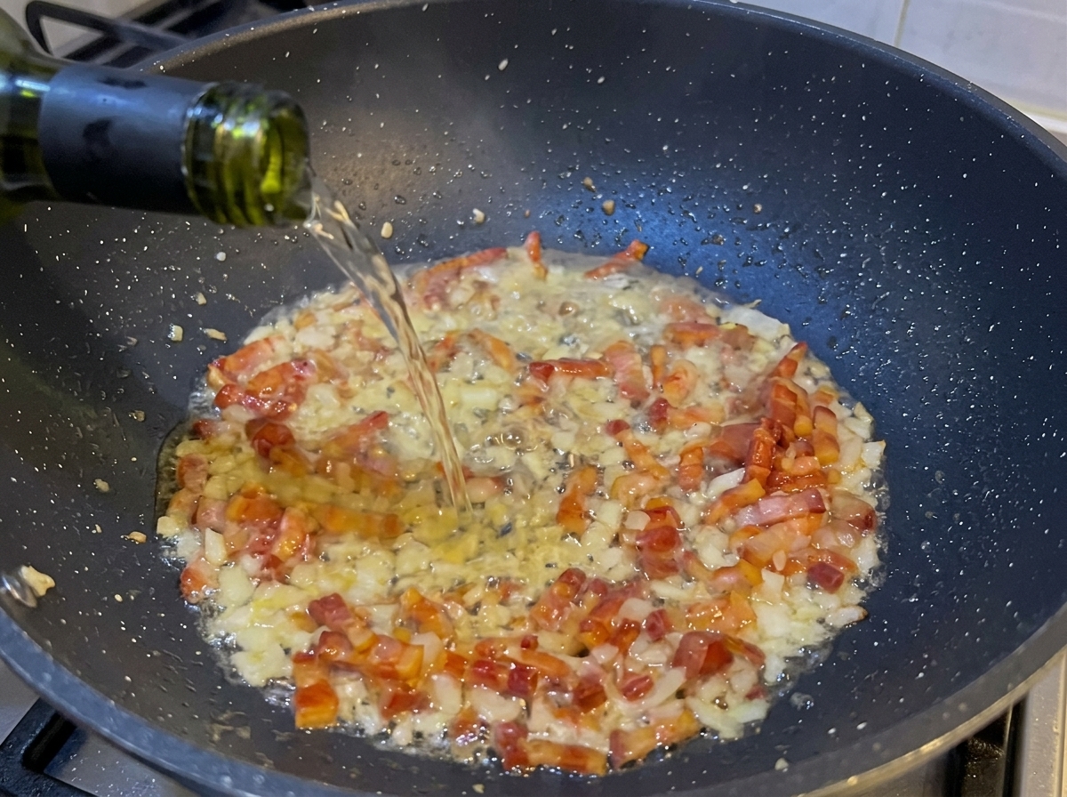 White wine being poured from a bottle into a frying pan containing crispy pancetta and diced onions, creating steam.