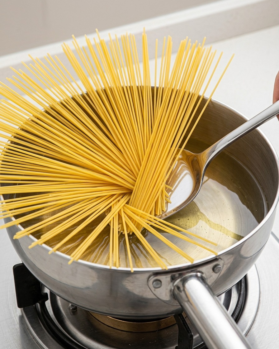 A bundle of dry spaghetti fanning out as it is lowered into a stainless steel pot of boiling water.