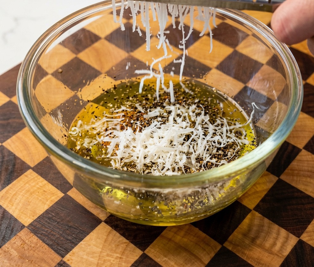 Finely shredded Pecorino Romano cheese falling from a metal grater into a bowl of seasoned eggs.