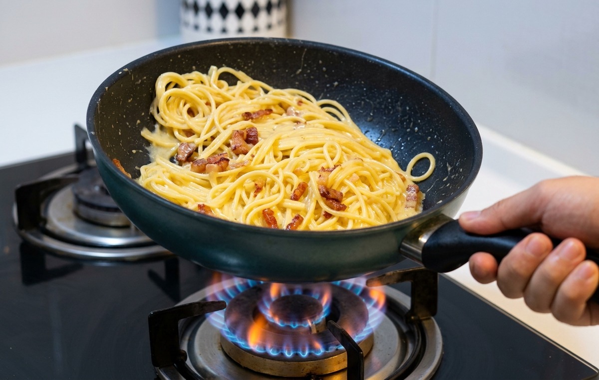 Lifting and tossing a frying pan containing spaghetti and crispy pancetta over a blue gas flame.