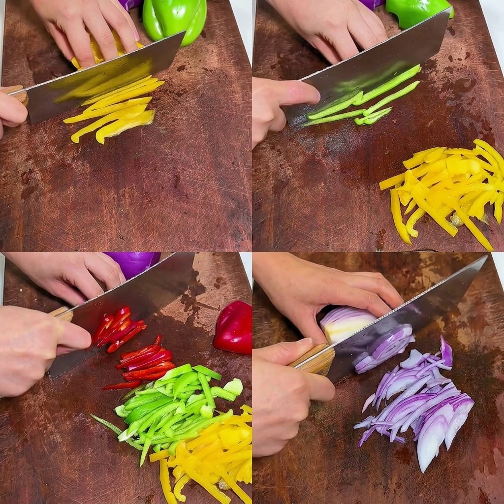 A four-panel collage showing a person using a cleaver to slice yellow, green, and red bell peppers, as well as a red onion, into thin strips on a wooden cutting board.