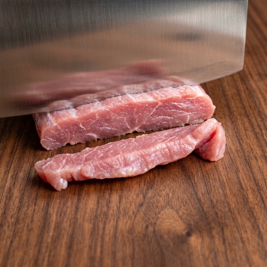 A close-up shot of a stainless steel cleaver slicing through a piece of raw pink pork fillet to create thin strips on a wooden surface.