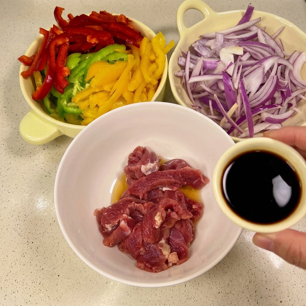 A hand pouring dark soy sauce from a small dish into a white bowl containing raw pork strips, with bowls of sliced peppers and onions in the background.