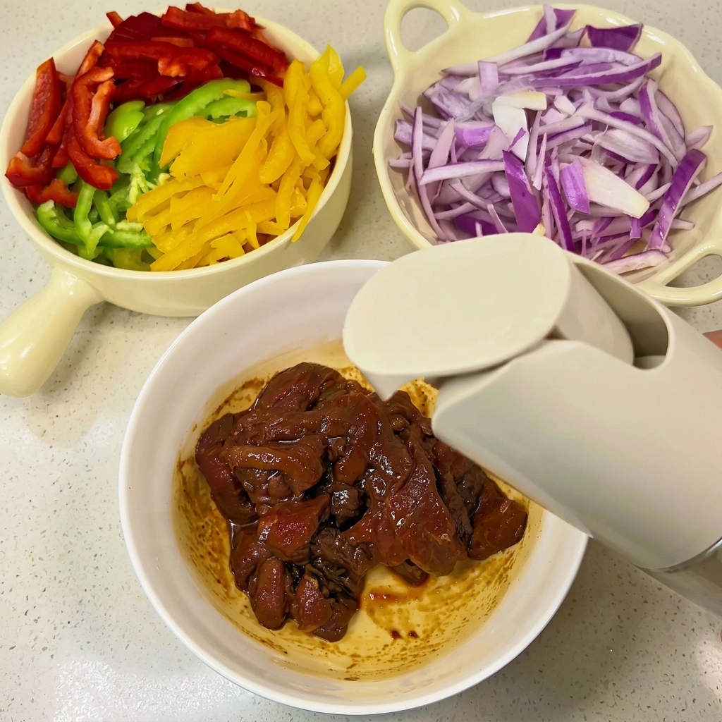 A white spray bottle misting oil over a bowl of dark, marinated pork strips, with prepared vegetables visible in the background.