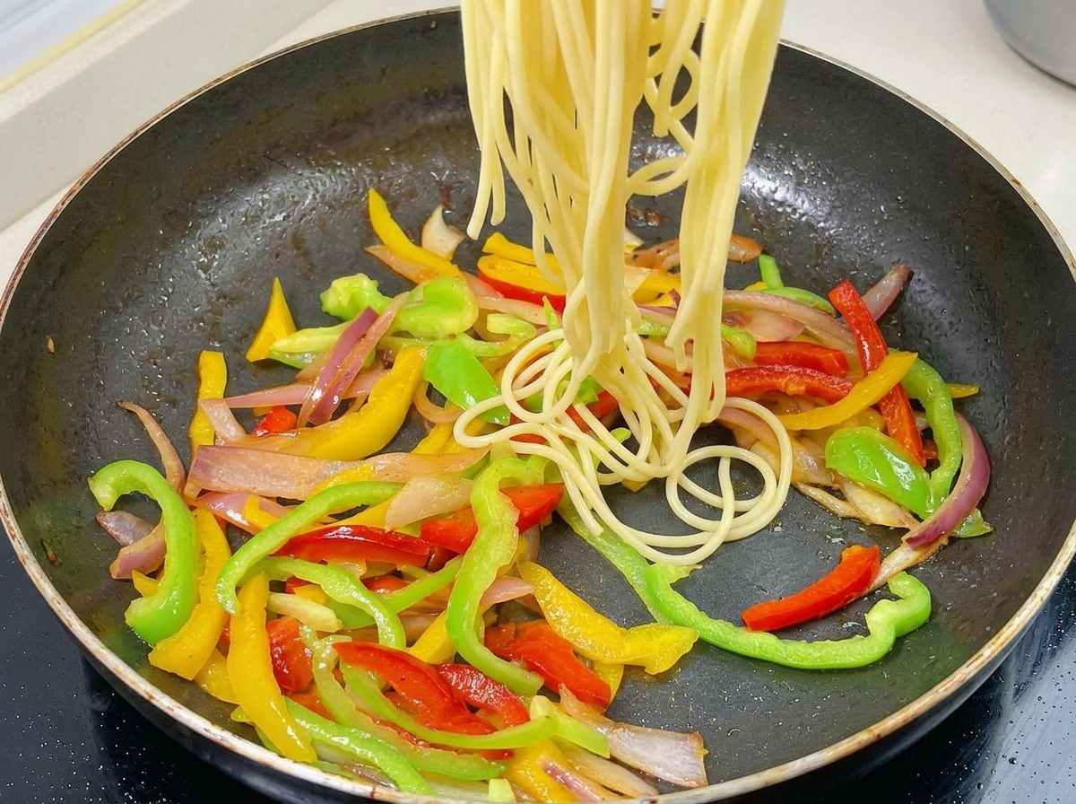 Cooked spaghetti noodles being added to a pan filled with sautéed red, yellow, and green bell peppers and onions.