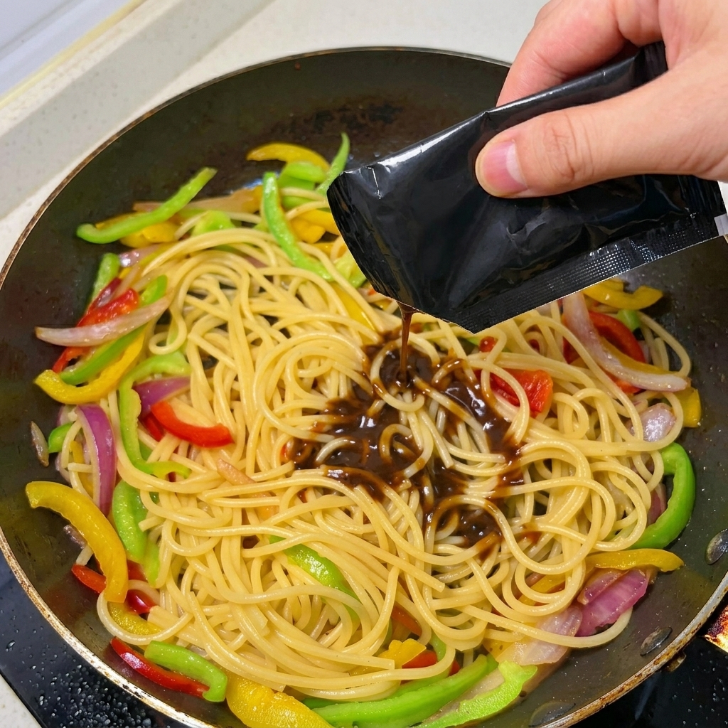 A hand pouring dark black pepper sauce from a packet over cooked spaghetti and vibrant bell peppers in a hot pan.