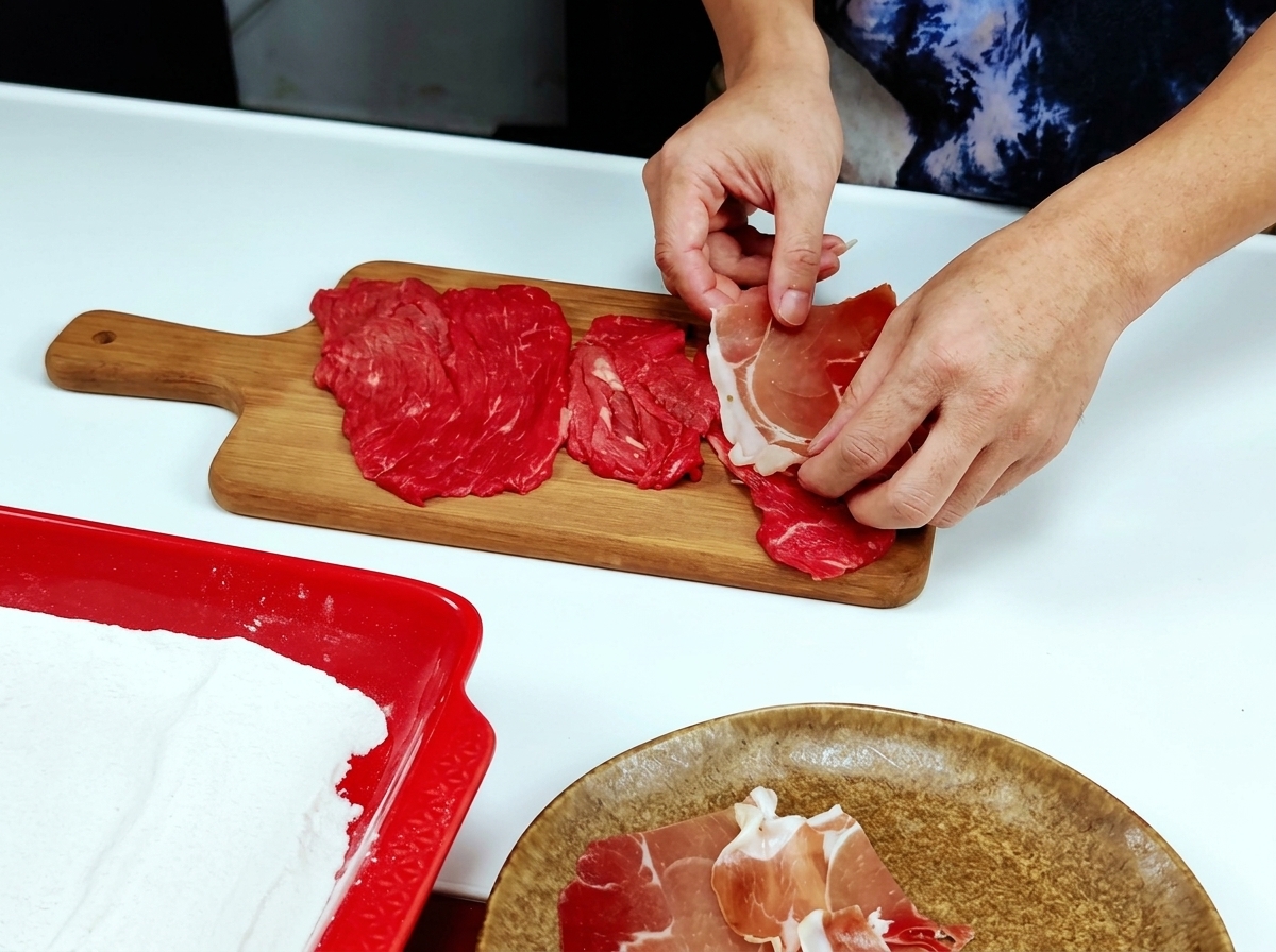 A persons hands placing thin, pink slices of prosciutto ham onto raw veal cutlets on a wooden board.