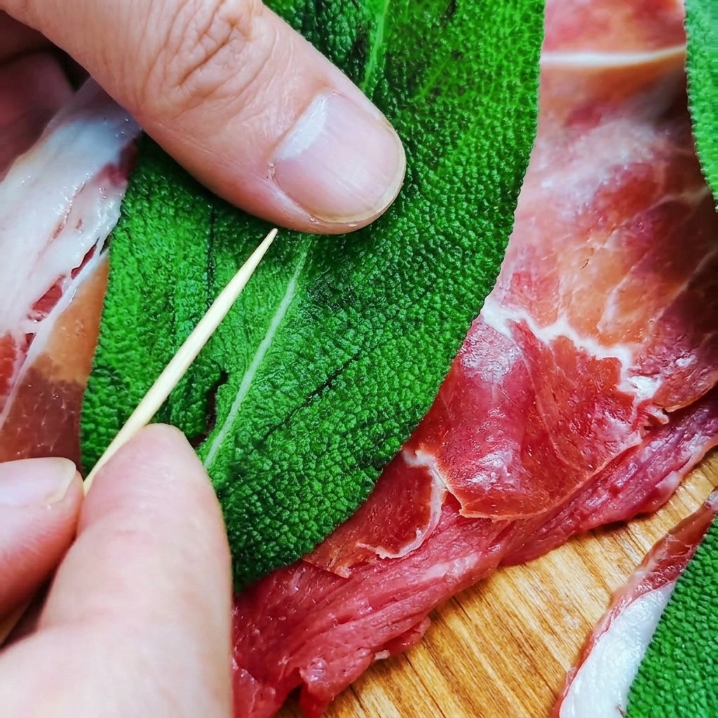 Close up of a wooden toothpick being threaded through a green sage leaf and pink prosciutto into the red veal.