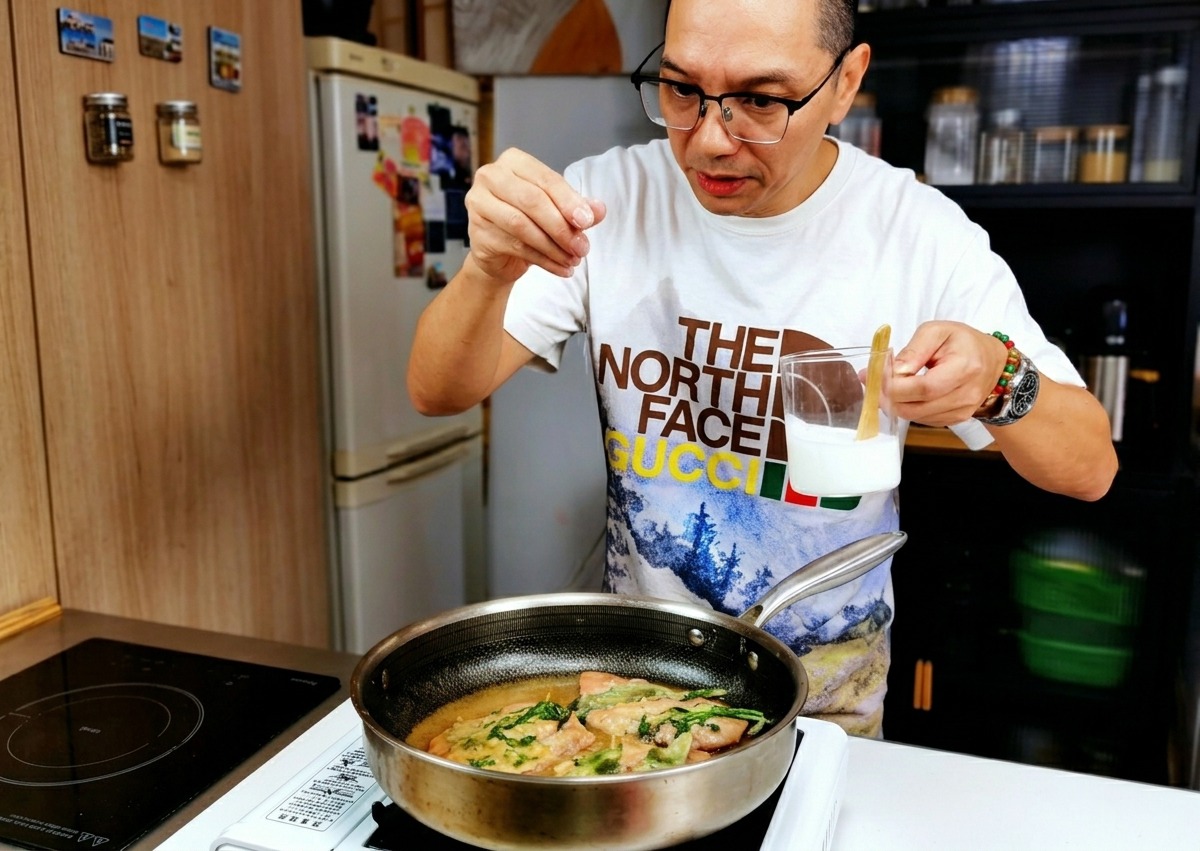 A chef sprinkling a pinch of salt over Saltimbocca simmering in a pan.