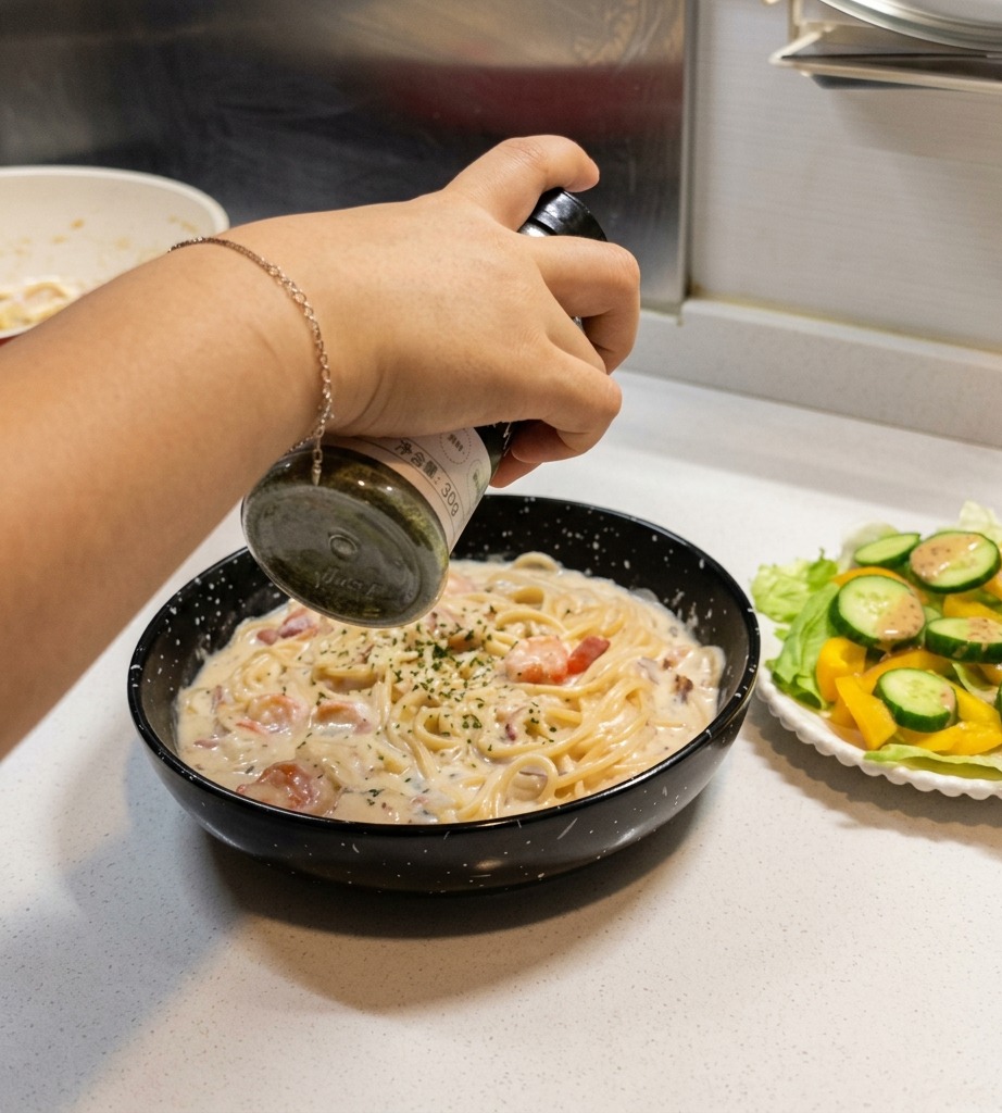 A hand shaking a spice bottle to sprinkle green dried parsley over a finished bowl of creamy white sauce pasta.