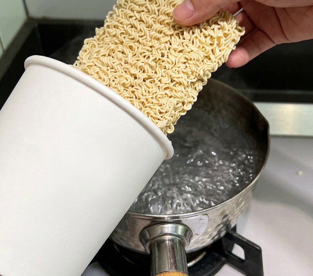 A block of dry wavy instant noodles being lowered into a stainless steel pot of boiling water