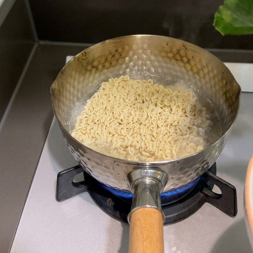 A hand placing fresh green spinach leaves on top of instant noodles cooking in a boiling pot.