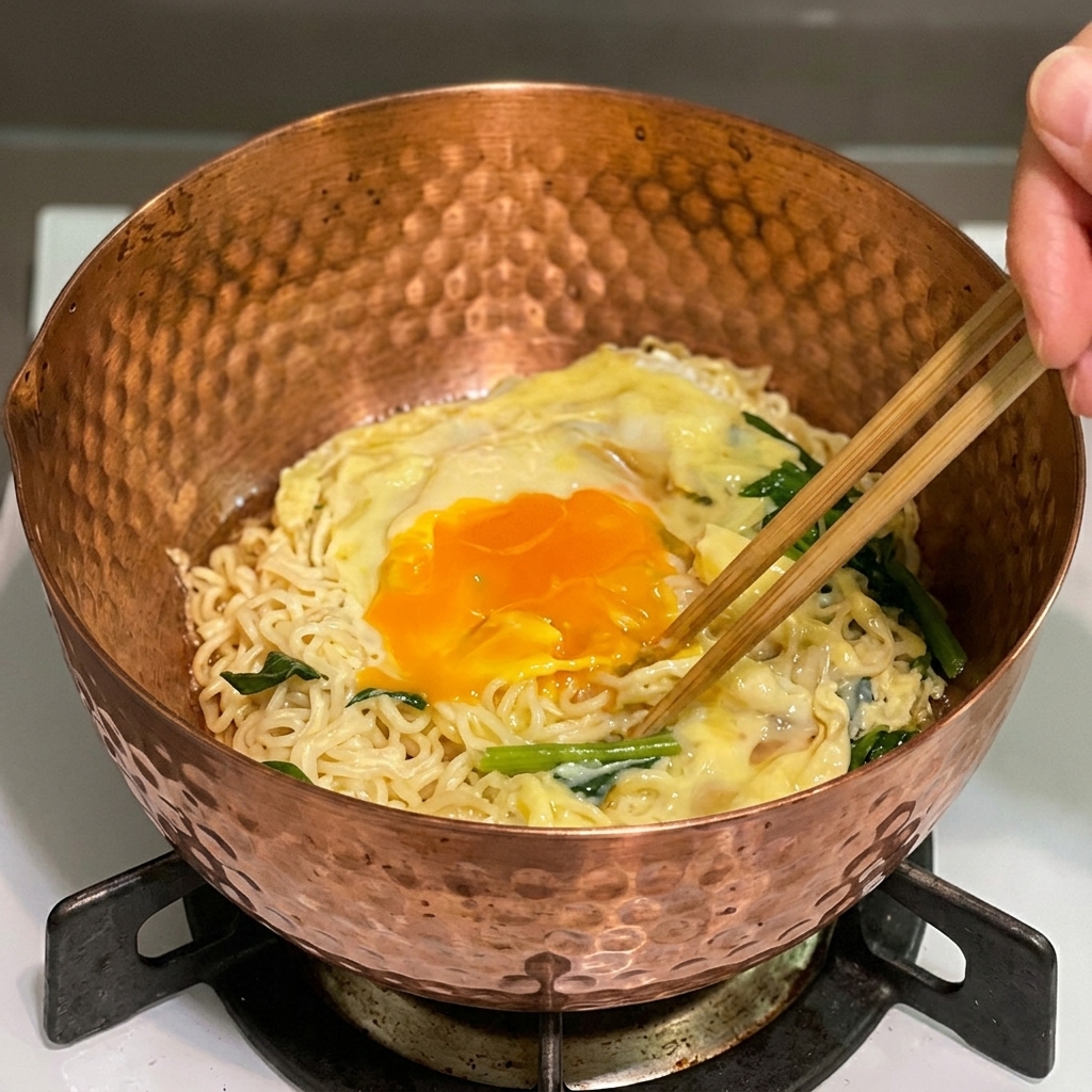 Melted cheese slices and a poached egg on top of noodles and spinach in a copper pot, being stirred with chopsticks.