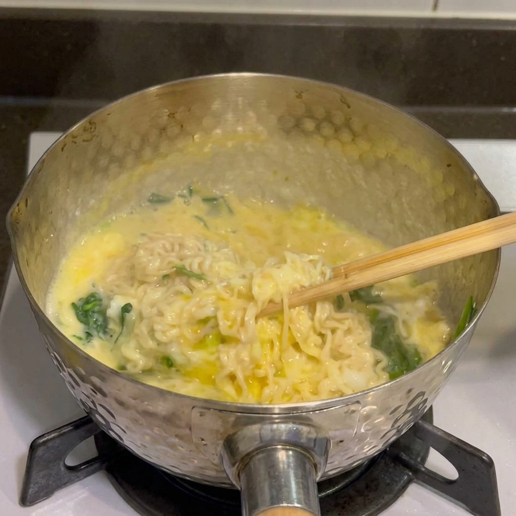 A close-up of creamy cheese noodles and spinach in a pot being seasoned with black pepper.