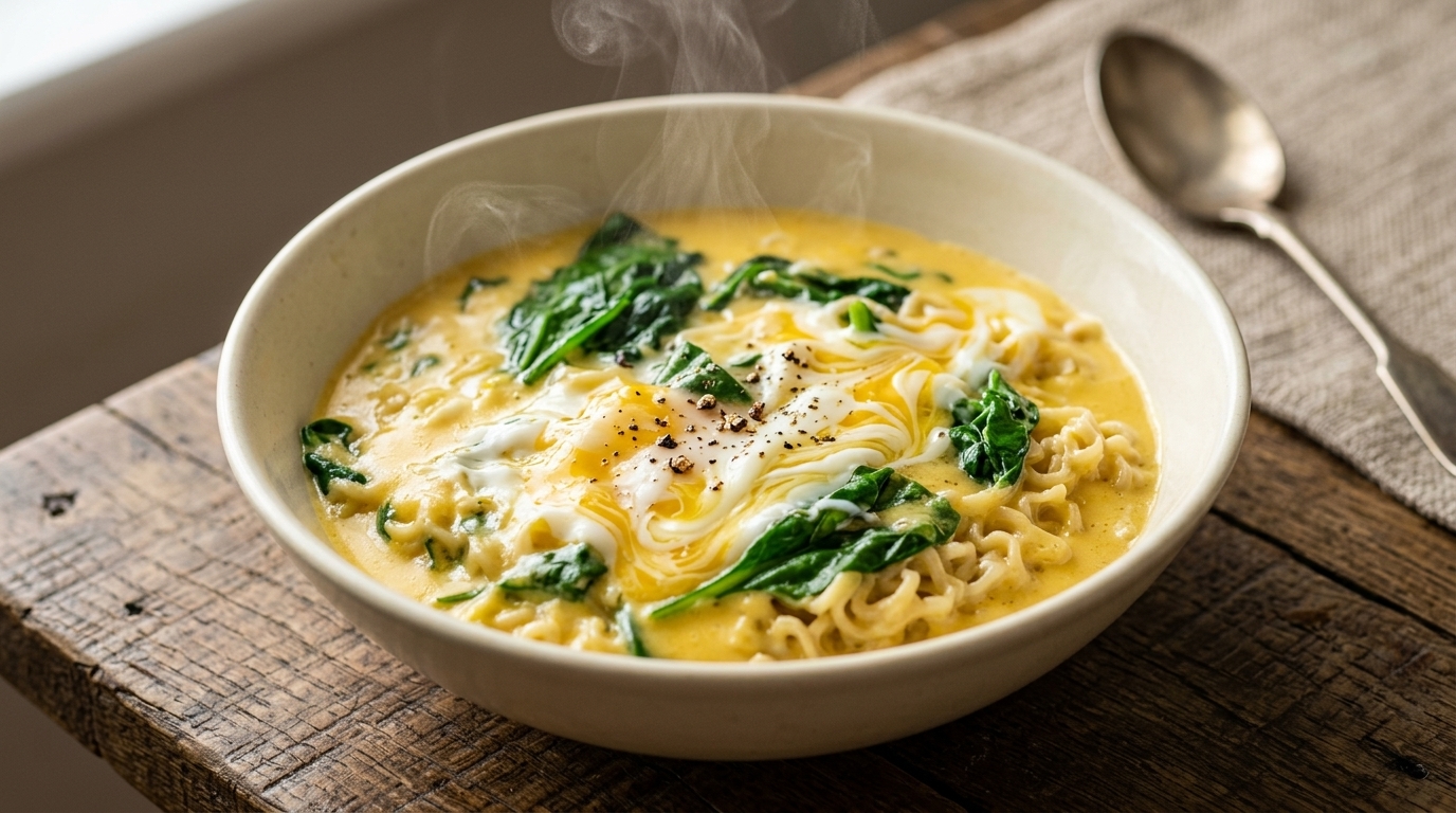 A steaming bowl of cheesy instant noodles topped with fresh spinach, a poached egg, and cracked black pepper.