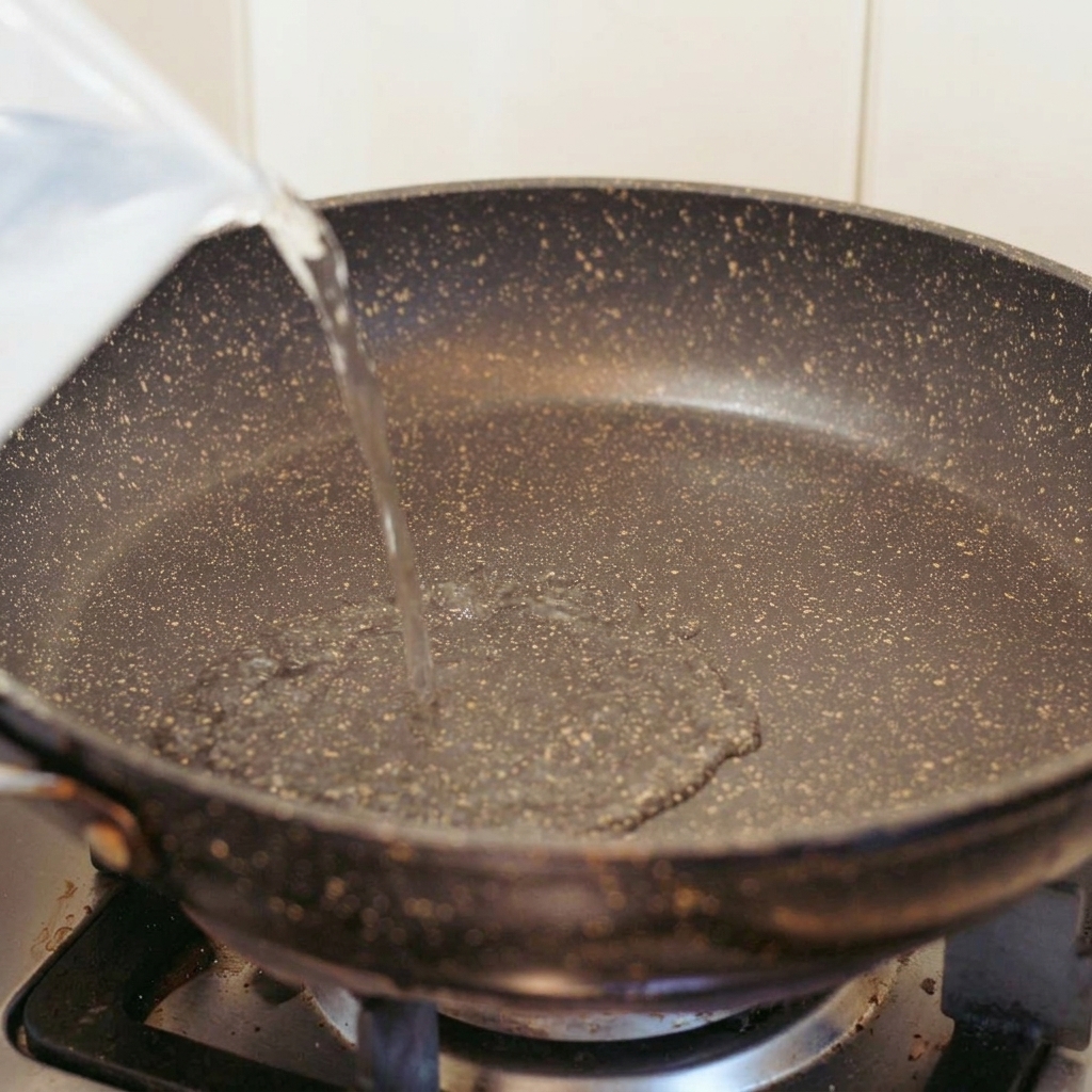 Water being poured from a pitcher into a dark, speckled non-stick pan sitting on a gas stove.