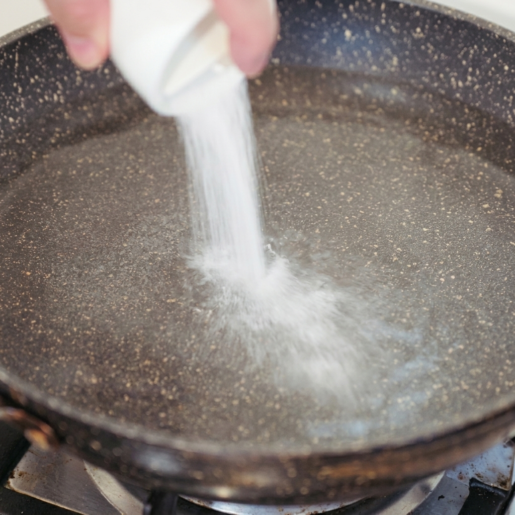 A hand pouring white granulated salt from a small white container into the water-filled pan.