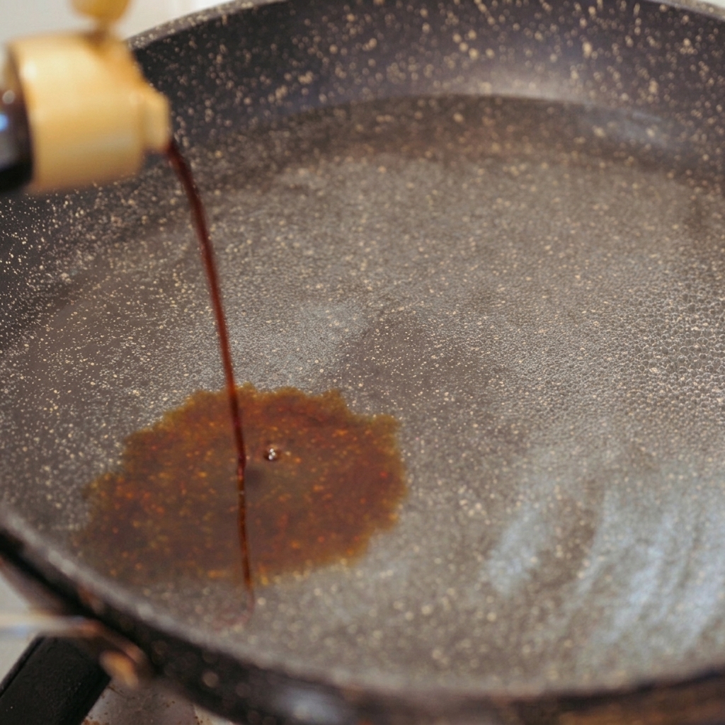 Dark brown soy sauce being poured from a gold-capped bottle into a pan of water, creating a dark swirl.