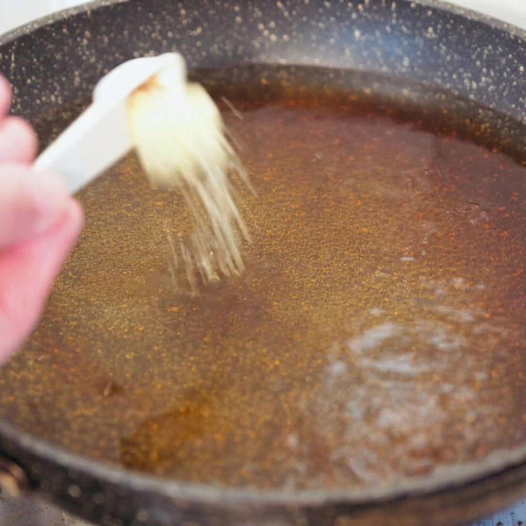 A hand adding dry whole wheat spaghetti and a small scoop of chicken powder into the simmering pan of seasoned water.