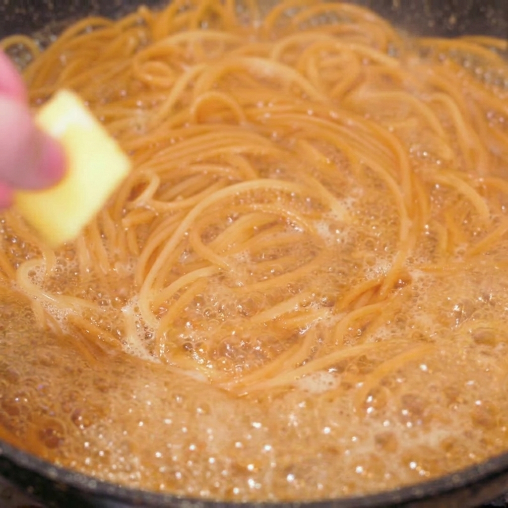 A close-up shot of cooked whole wheat spaghetti in a pan with a hand dropping a square cube of yellow butter into the center.