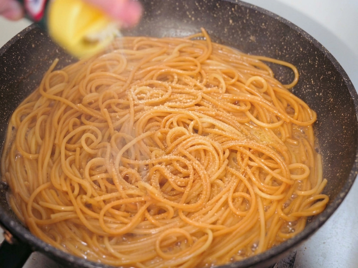 Yellow cheese powder being shaken from a container onto cooked spaghetti in a dark frying pan.