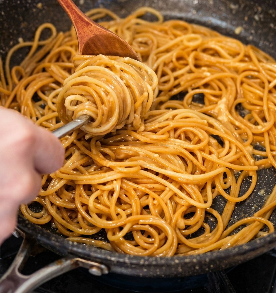 A close-up shot of a wooden spoon and a metal fork being used to twirl a portion of glossy, cheese-coated spaghetti in a pan.