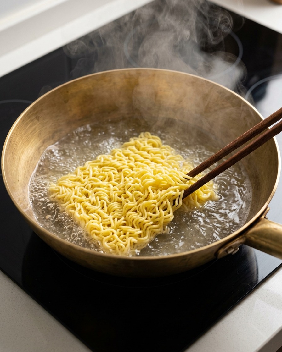 A block of yellow wheat noodles being submerged into a brass pot of boiling water using wooden chopsticks.