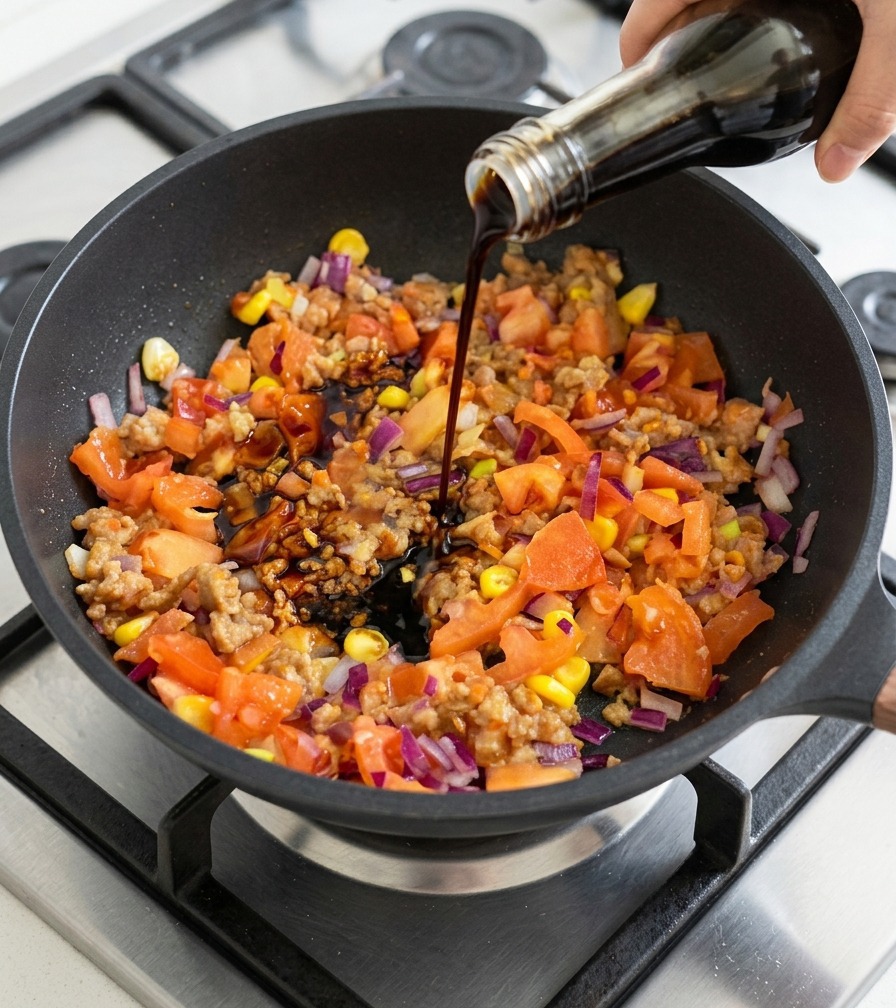 Dark savory sauce being poured from a glass bottle into a simmering pan of beef, corn, and tomatoes.