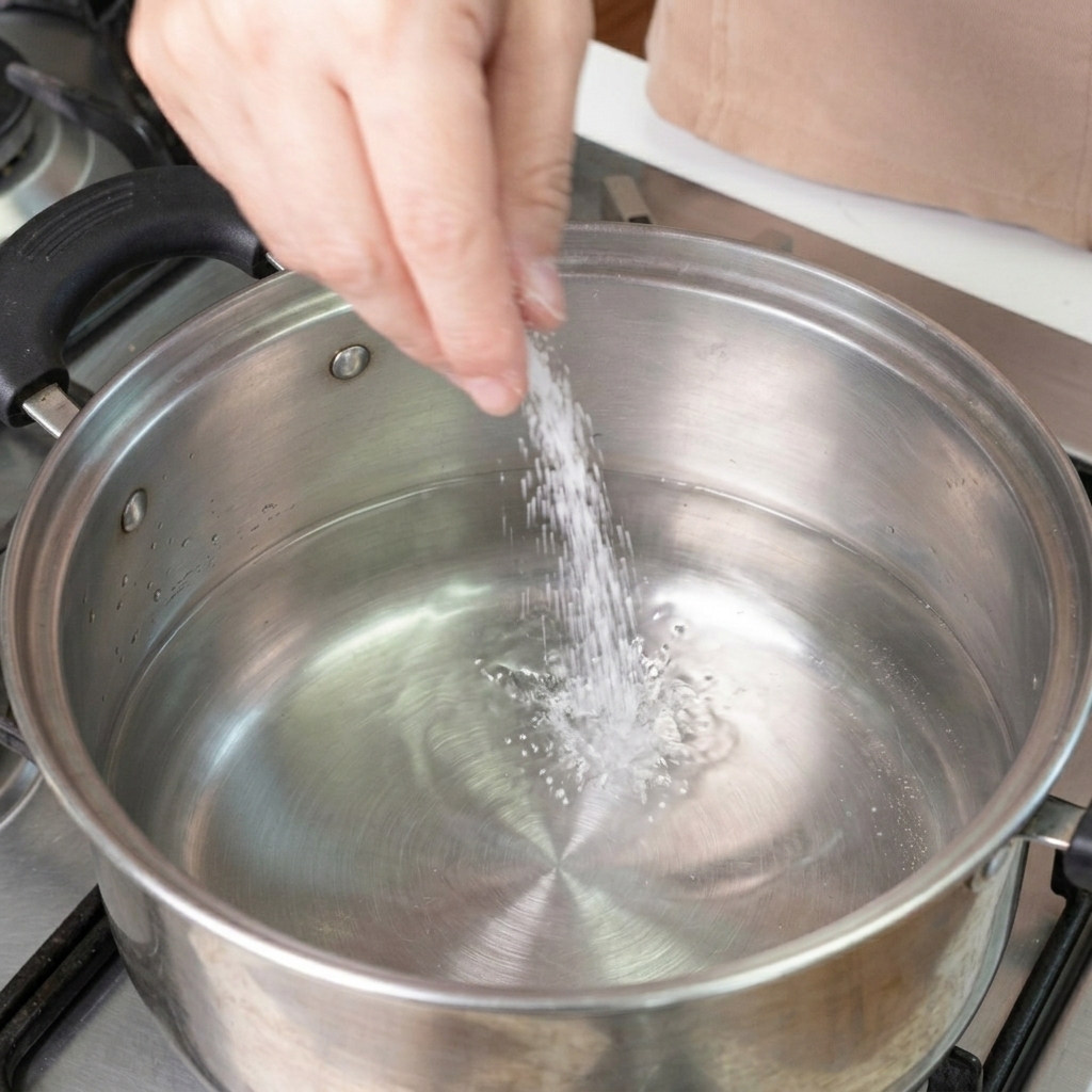 A hand sprinkling a handful of white salt into a stainless steel pot filled with vigorously boiling water.