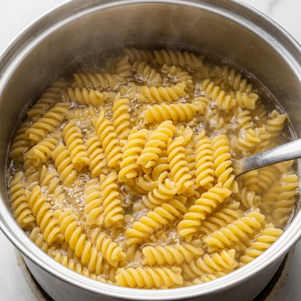 A metal slotted spoon lifting cooked, tender fusilli pasta out of a pot of bubbling hot water.
