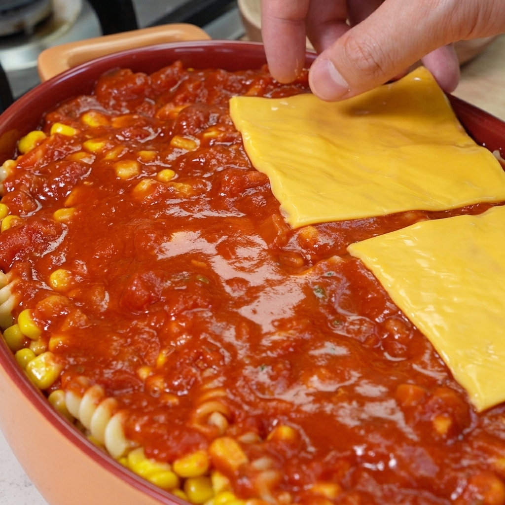 A hand placing square slices of yellow cheddar cheese onto a rich layer of red pasta sauce in a baking dish.