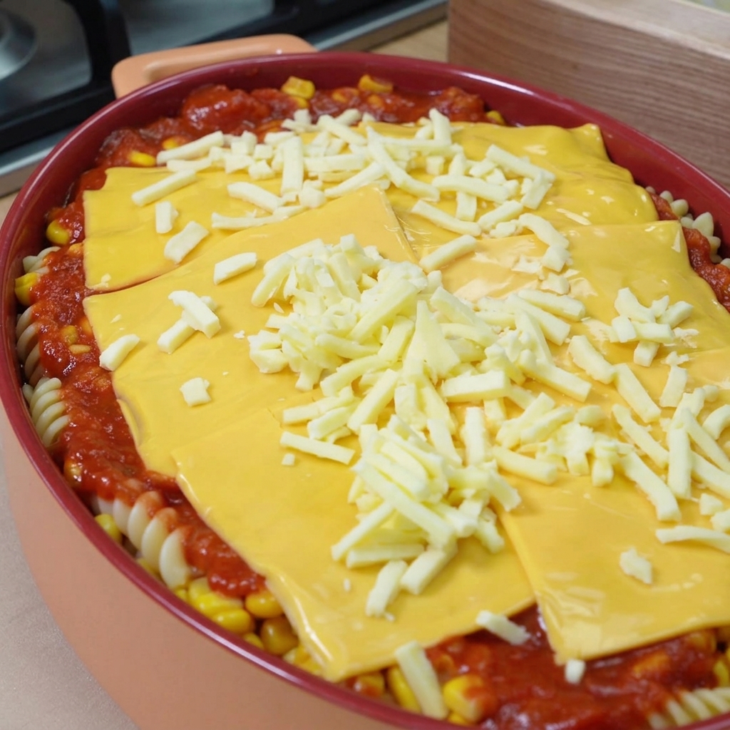 A baking dish filled with pasta and sauce, topped with yellow cheddar slices and a thick layer of shredded white mozzarella cheese.