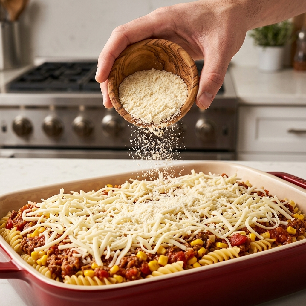 A hand sprinkling fine parmesan cheese powder from a small wooden bowl over a layer of shredded mozzarella in a baking dish.