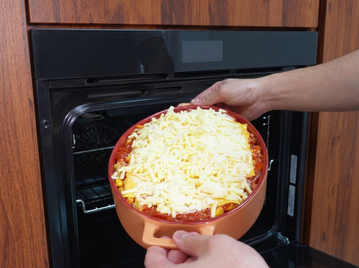 Two hands carefully placing a ceramic baking dish filled with layered cheese and pasta into a dark, preheated oven.