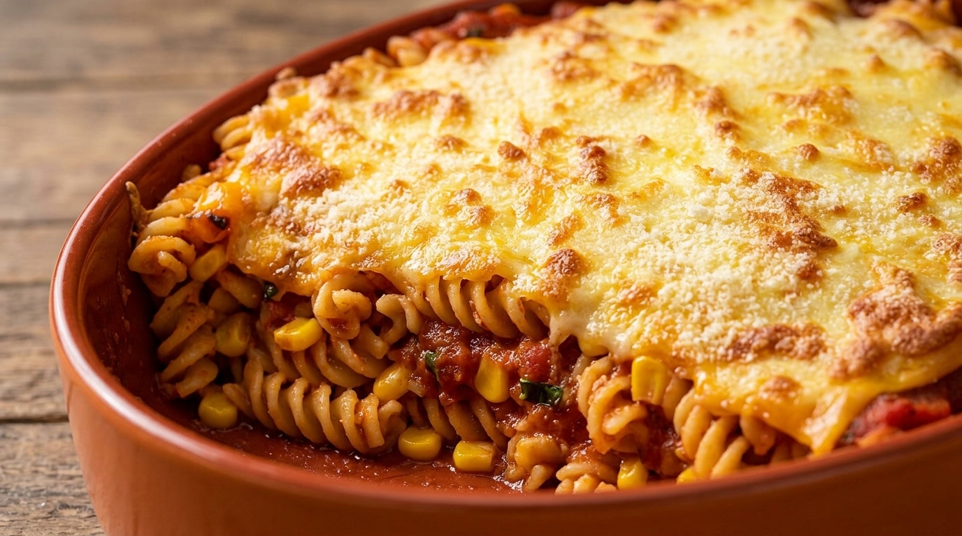 A bubbling Triple Cheese Fusilli bake with a golden-brown crust and sweet corn accents.