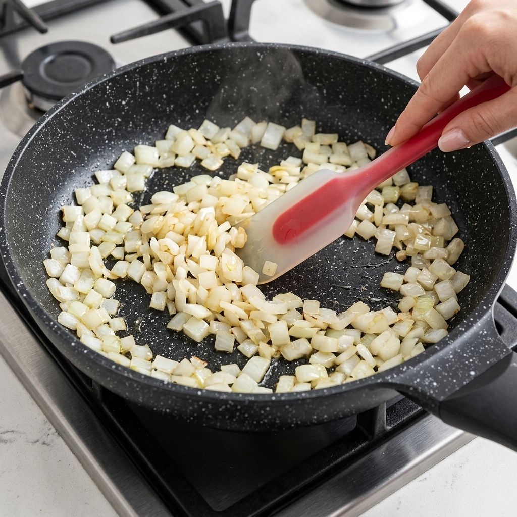 Diced onions being stirred with a red spatula in a black speckled frying pan on a gas stove.