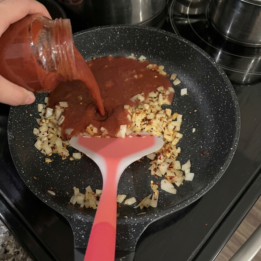 A hand pouring red tomato sauce from a glass jar into a pan containing sautéed onions and chili flakes.