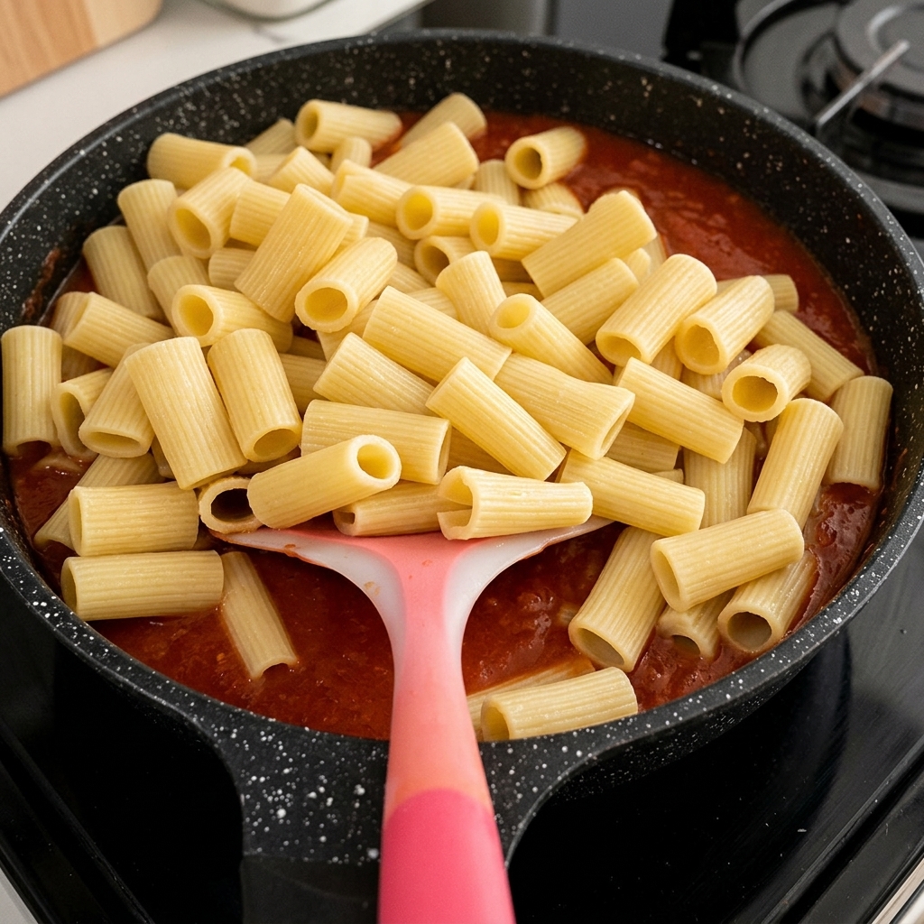 Cooked rigatoni pasta tubes piled on top of red tomato sauce in a black frying pan, ready to be tossed.