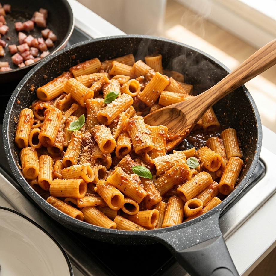 A wooden spoon stirring and tossing rigatoni pasta in a thick red tomato sauce within a black skillet with steam rising from the pan.