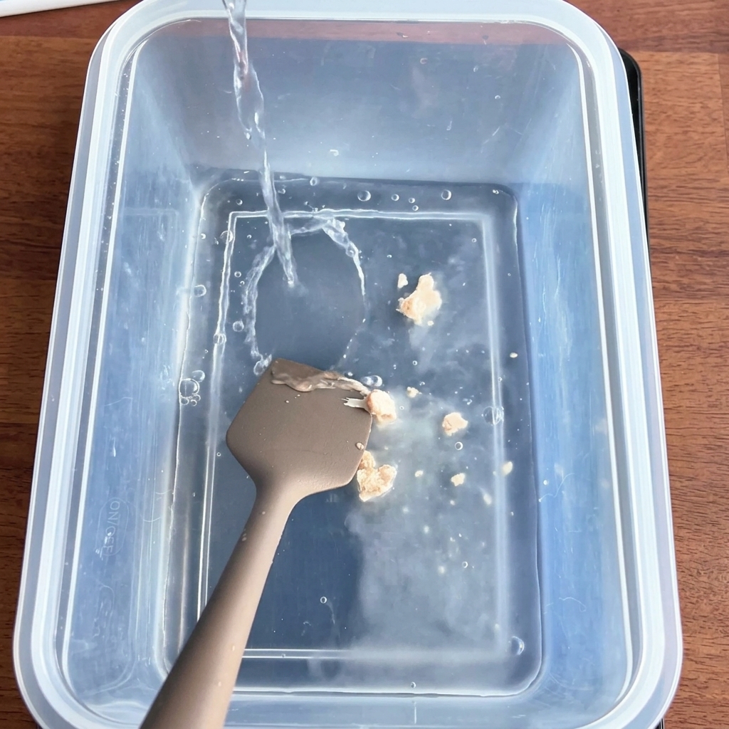 A plastic container where water is being poured onto flour and yeast, being stirred by a brown spatula into a clumpy, shaggy dough.