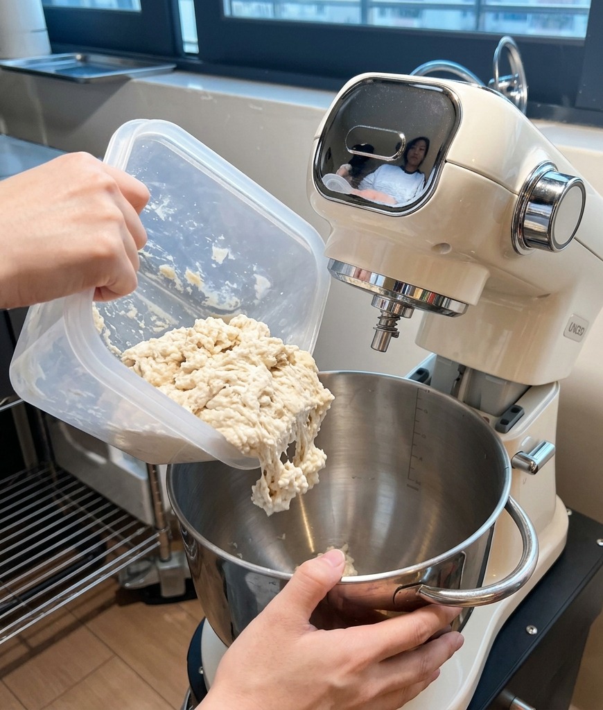 A person pouring fermented, chunky biga dough from a plastic container into the stainless steel bowl of a cream-colored stand mixer.