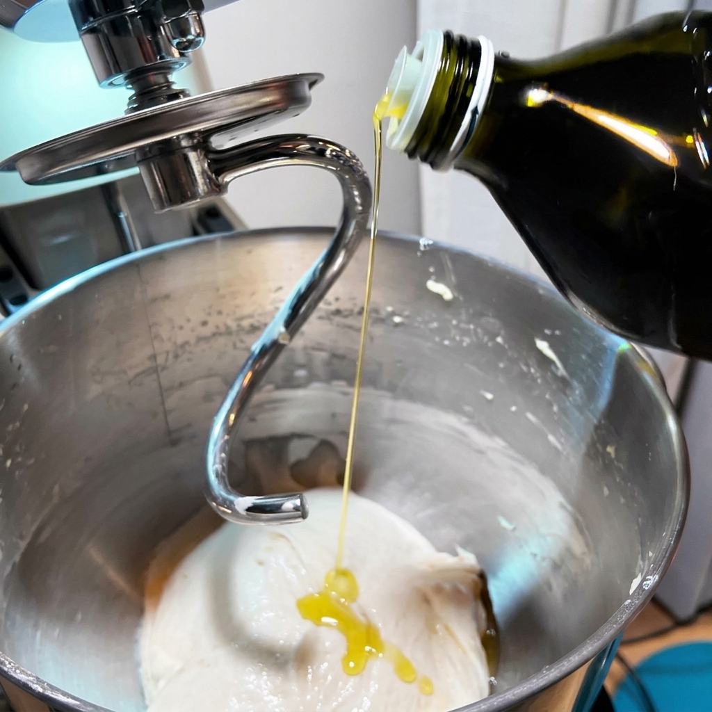 A stream of golden olive oil being poured from a dark glass bottle onto a smooth ball of white dough inside a metal mixer bowl.