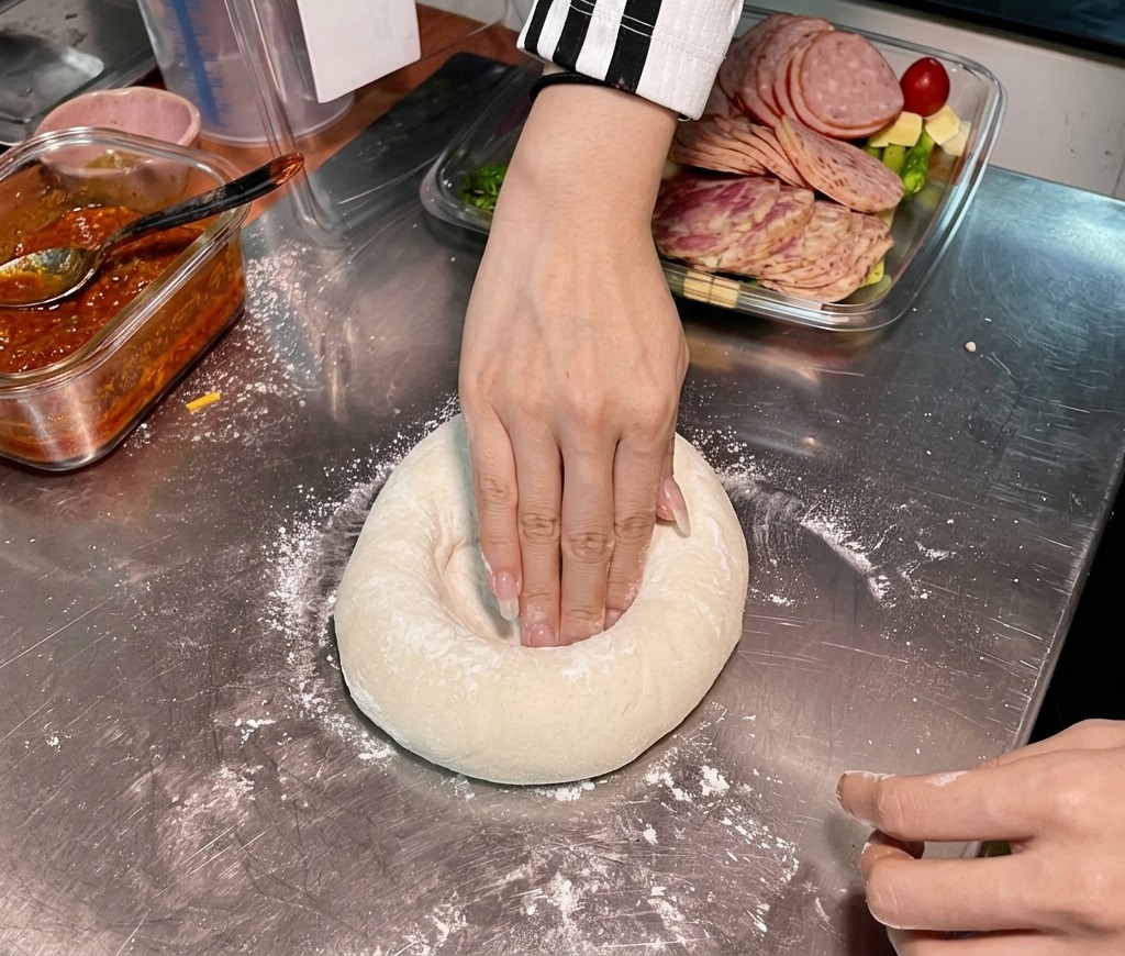 A person using their fingers to press into the center of a round, floured pizza dough ball on a stainless steel countertop.